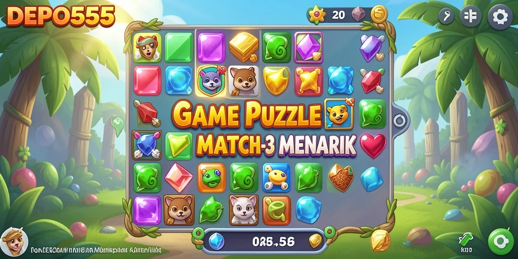 Tampilan gameplay DEPO555 dengan elemen Match-3 yang cerah dan menyenangkan.