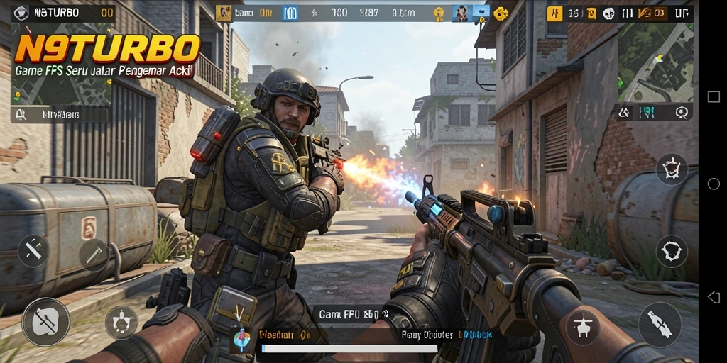 Screenshot gameplay N9TURBO menampilkan pertarungan mendebarkan di peta yang realistis.