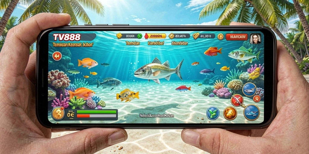 Screenshot utama TV888 memperlihatkan aksi seru menembak ikan.